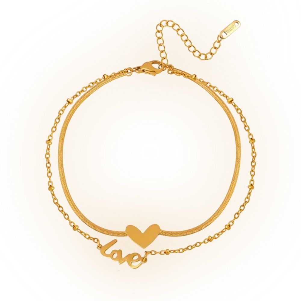 Golden Double Chain Ankle Bracelet with Heart and Love Charm